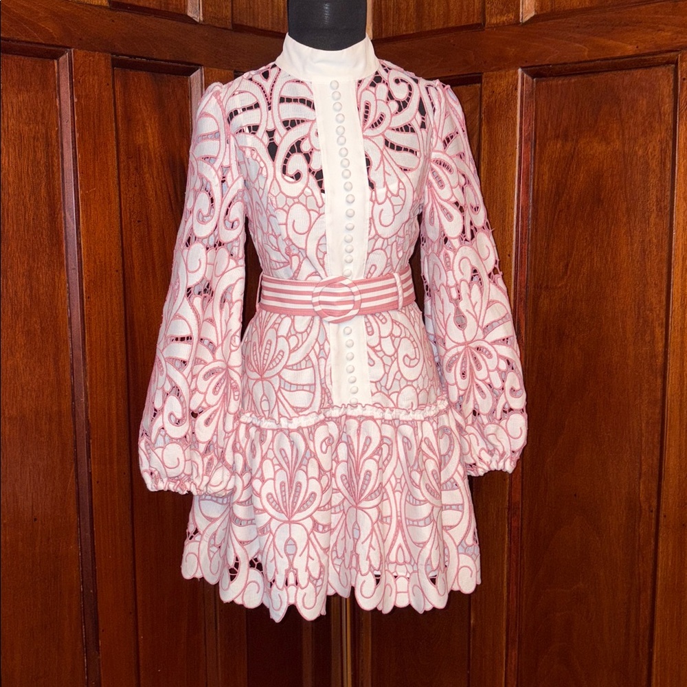 Self portrait inspired pink and white mini dress with long sleeves